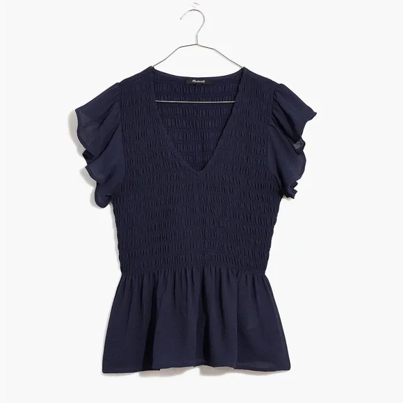 Madewell Flutter Sleeve Smocked Top EUC Size S Navy Blue - Picture 8 of 9